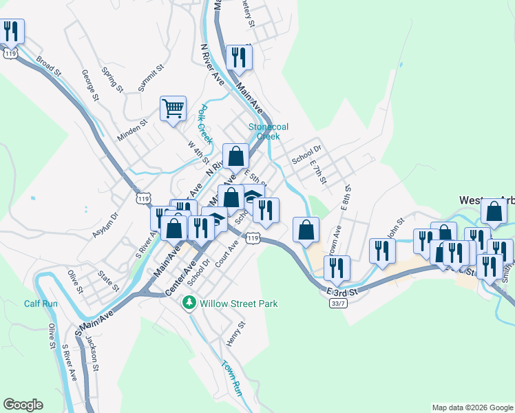 map of restaurants, bars, coffee shops, grocery stores, and more near 412 Center Avenue in Weston