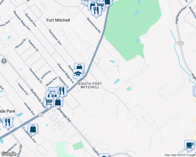 map of restaurants, bars, coffee shops, grocery stores, and more near 25 Silver Avenue in Fort Mitchell