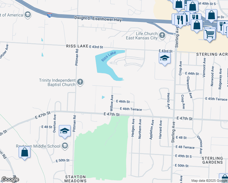 map of restaurants, bars, coffee shops, grocery stores, and more near 10502 East 45th Terrace in Kansas City