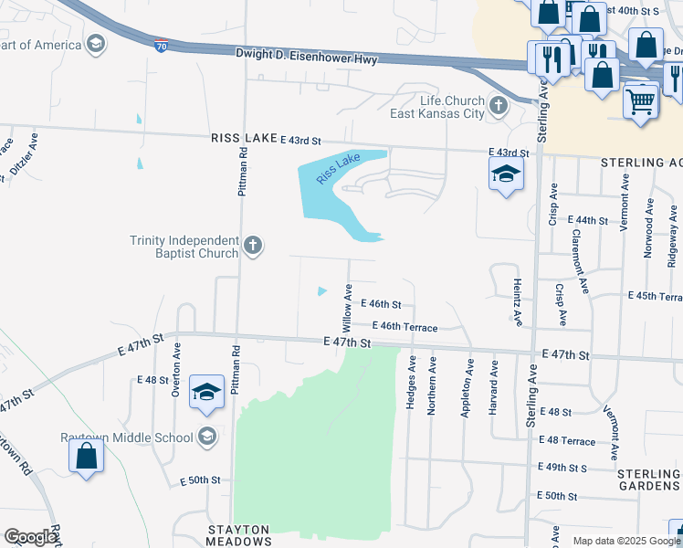 map of restaurants, bars, coffee shops, grocery stores, and more near 10502 East 45th Terrace in Kansas City