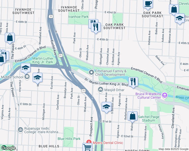 map of restaurants, bars, coffee shops, grocery stores, and more near 4725 Prospect Avenue in Kansas City