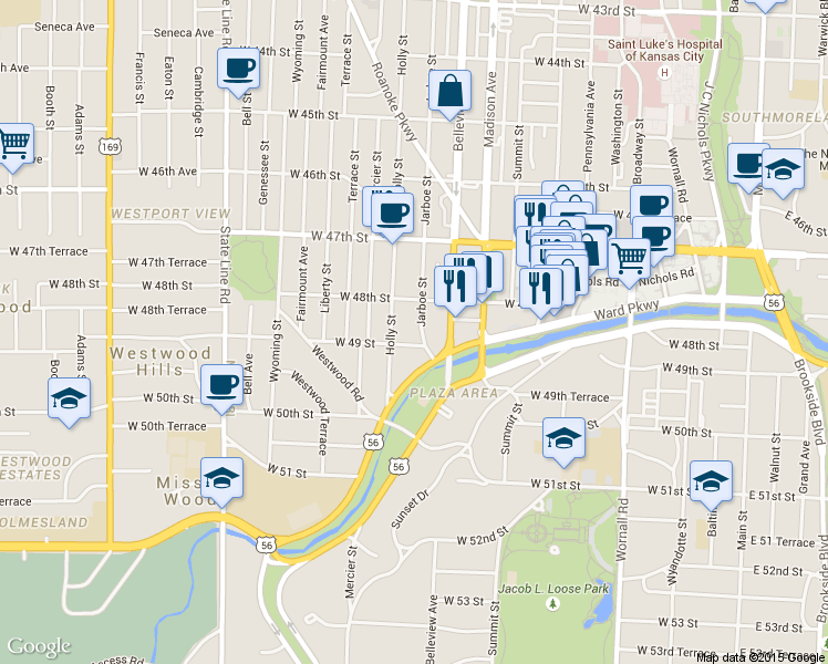 map of restaurants, bars, coffee shops, grocery stores, and more near 4805 Holly Street in Kansas City