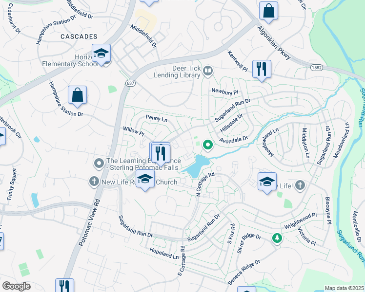 map of restaurants, bars, coffee shops, grocery stores, and more near 118 Woodgate Court in Sterling