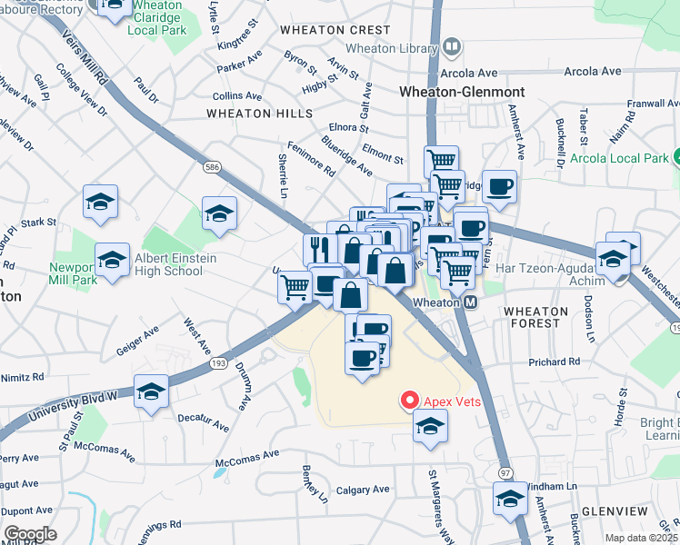 map of restaurants, bars, coffee shops, grocery stores, and more near 2725 University Boulevard West in North Kensington