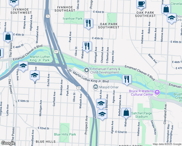 map of restaurants, bars, coffee shops, grocery stores, and more near 4725 Prospect Avenue in Kansas City