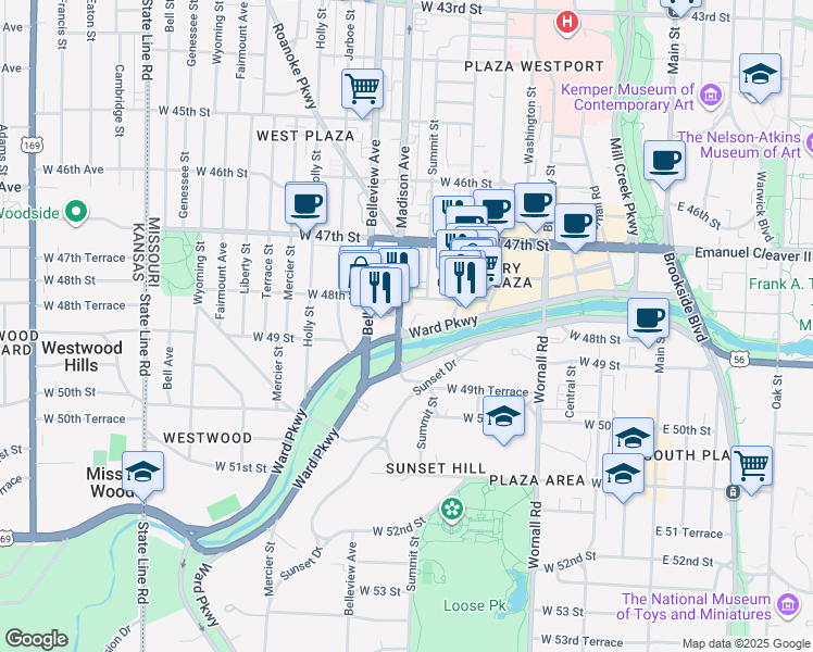 map of restaurants, bars, coffee shops, grocery stores, and more near 4821 Roanoke Parkway in Kansas City