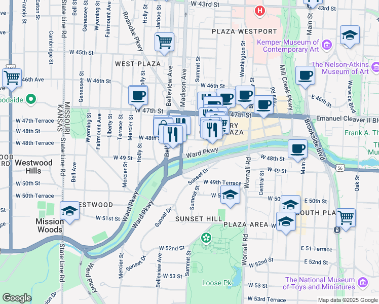map of restaurants, bars, coffee shops, grocery stores, and more near 722 Ward Parkway in Kansas City