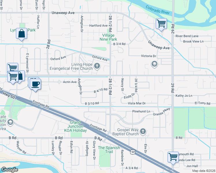 map of restaurants, bars, coffee shops, grocery stores, and more near in Grand Junction