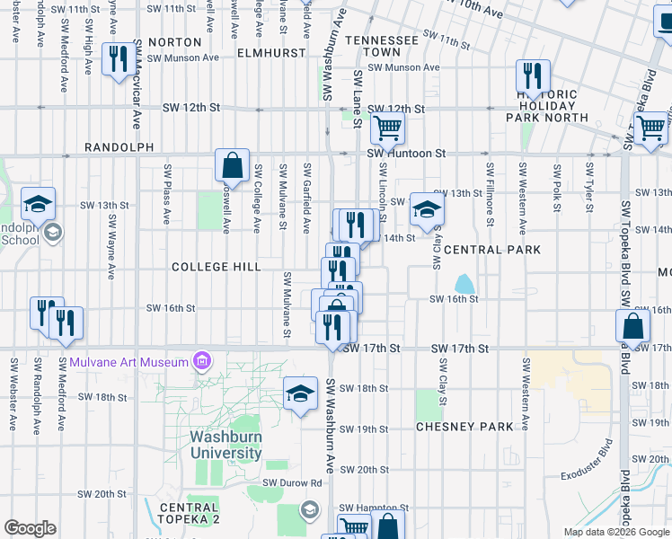 map of restaurants, bars, coffee shops, grocery stores, and more near 1510 Southwest Washburn Avenue in Topeka