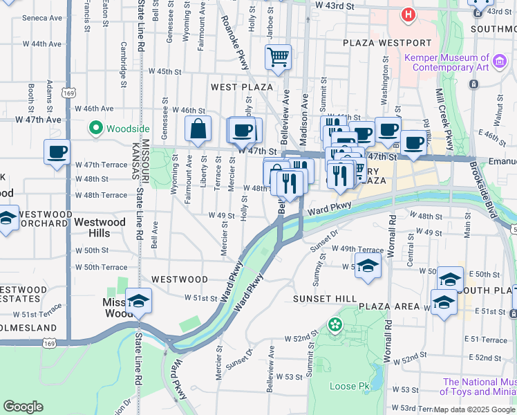 map of restaurants, bars, coffee shops, grocery stores, and more near 4805 Holly Street in Kansas City