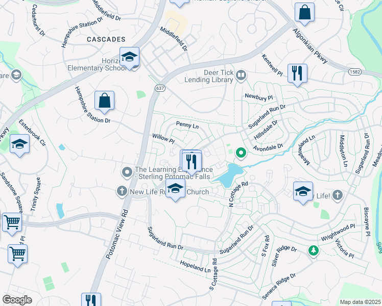 map of restaurants, bars, coffee shops, grocery stores, and more near 110 Sugarland Run Drive in Sterling