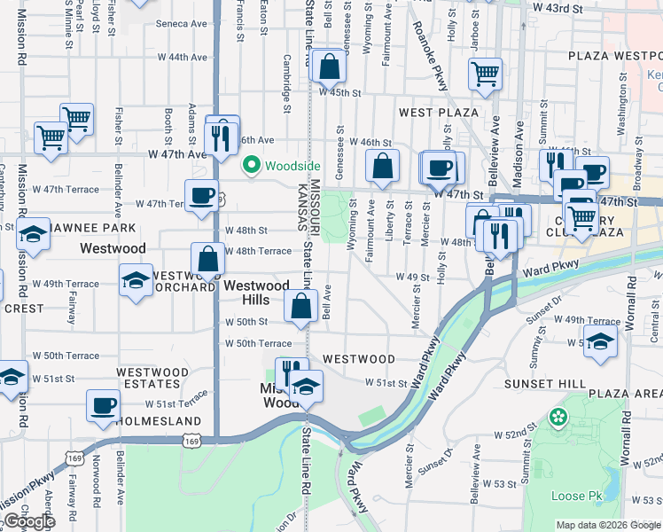 map of restaurants, bars, coffee shops, grocery stores, and more near 1618 West 49th Street in Kansas City