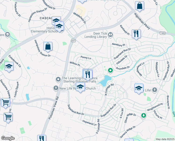 map of restaurants, bars, coffee shops, grocery stores, and more near 110 Sugarland Run Drive in Sterling