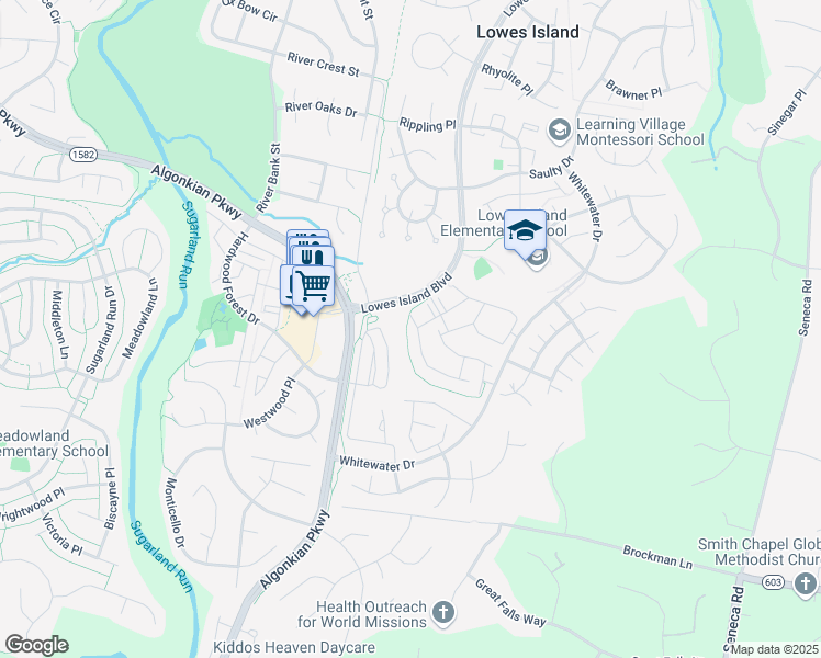 map of restaurants, bars, coffee shops, grocery stores, and more near 47587 Comer Square in Sterling