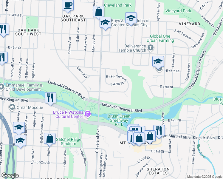 map of restaurants, bars, coffee shops, grocery stores, and more near 3904 East 47th Street in Kansas City