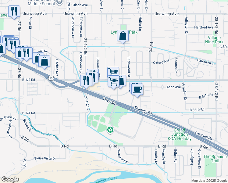 map of restaurants, bars, coffee shops, grocery stores, and more near 2776 Acrin Avenue in Grand Junction