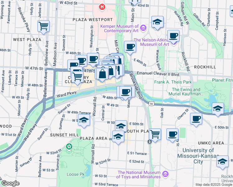 map of restaurants, bars, coffee shops, grocery stores, and more near 200 Ward Parkway in Kansas City