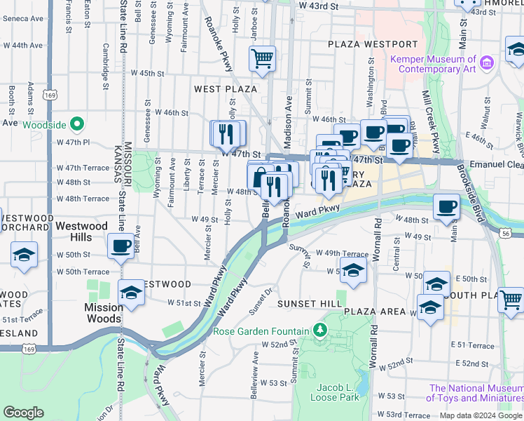 map of restaurants, bars, coffee shops, grocery stores, and more near 4804 Belleview Avenue in Kansas City