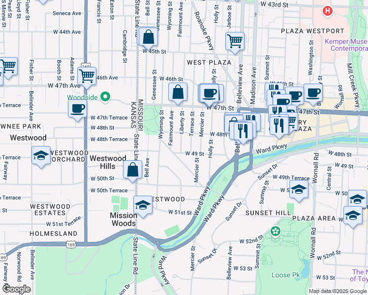 map of restaurants, bars, coffee shops, grocery stores, and more near 4809 Liberty Street in Kansas City