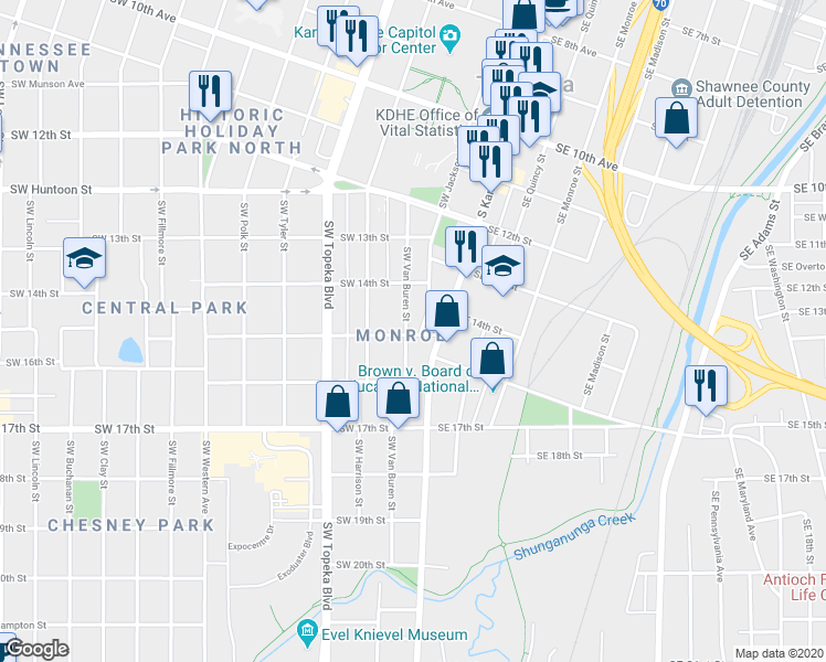 map of restaurants, bars, coffee shops, grocery stores, and more near 1421 Southwest Jackson Street in Topeka
