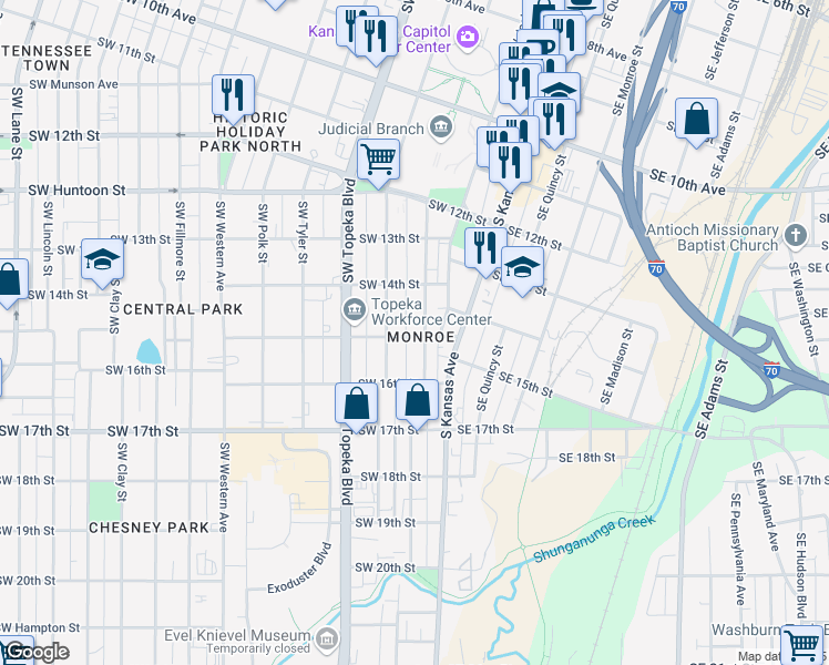 map of restaurants, bars, coffee shops, grocery stores, and more near 1420 Southwest Harrison Street in Topeka