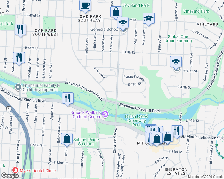map of restaurants, bars, coffee shops, grocery stores, and more near 3712 East 47th Terrace in Kansas City