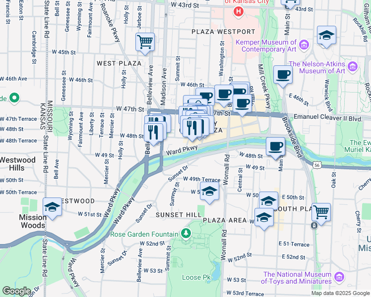 map of restaurants, bars, coffee shops, grocery stores, and more near 700 Ward Parkway in Kansas City