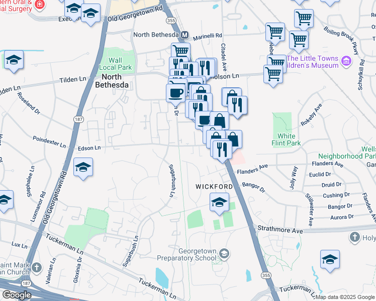 map of restaurants, bars, coffee shops, grocery stores, and more near 5506 Edson Lane in Rockville