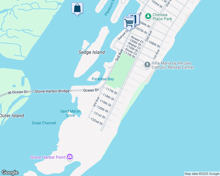 map of restaurants, bars, coffee shops, grocery stores, and more near 250 117th Street in Stone Harbor