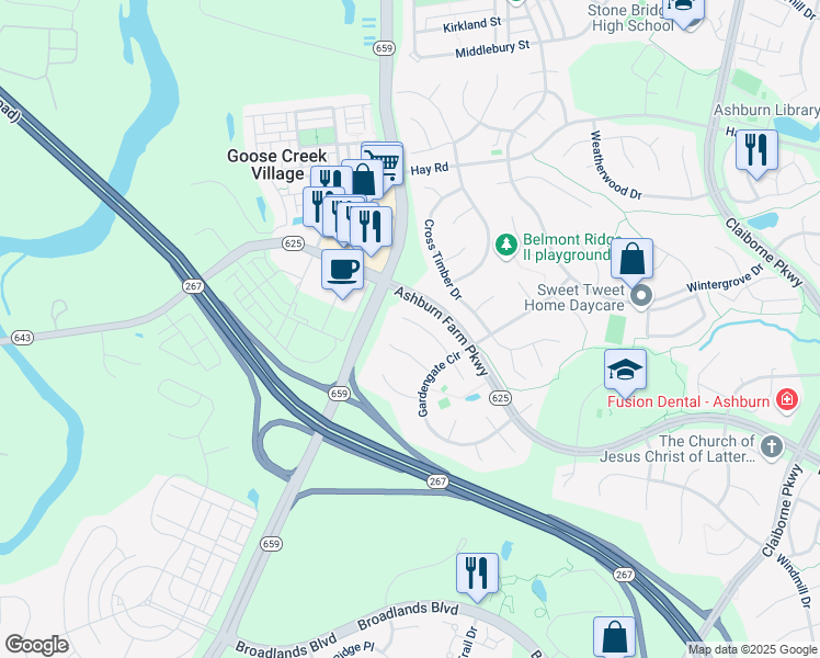 map of restaurants, bars, coffee shops, grocery stores, and more near 20847 Blythwood Court in Ashburn