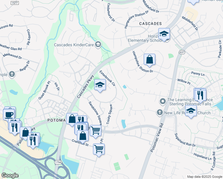 map of restaurants, bars, coffee shops, grocery stores, and more near 20788 Eskridge Court in Sterling