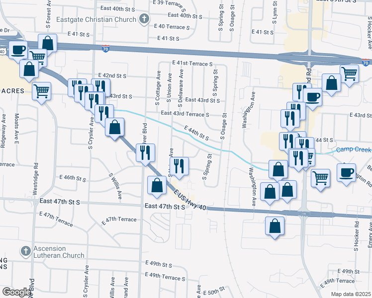 map of restaurants, bars, coffee shops, grocery stores, and more near 4429 South McCoy Street in Independence