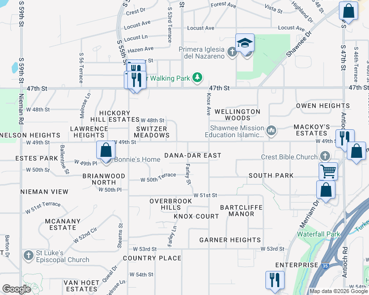map of restaurants, bars, coffee shops, grocery stores, and more near 4811 Wedd Street in Shawnee