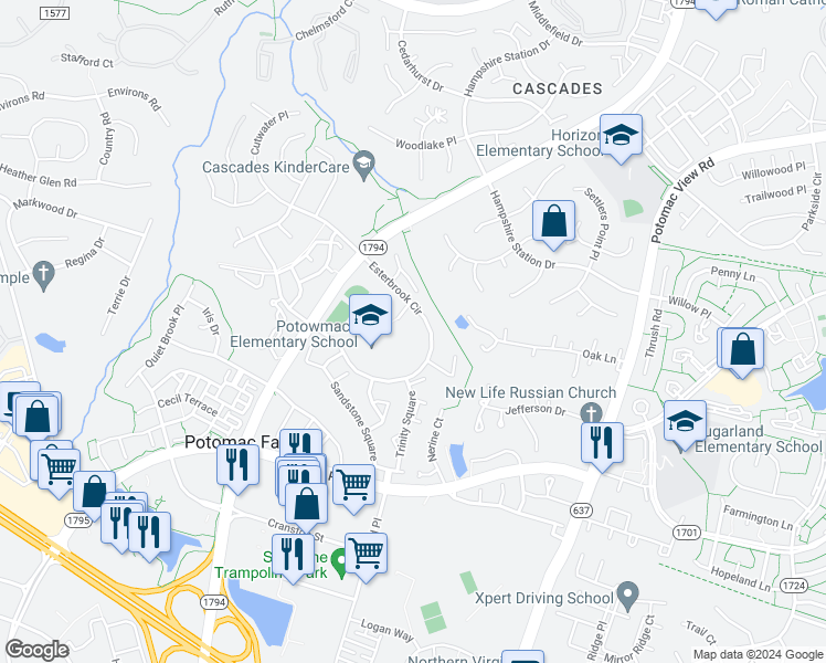 map of restaurants, bars, coffee shops, grocery stores, and more near 20788 Eskridge Court in Sterling