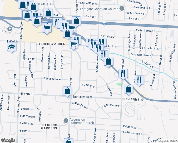 map of restaurants, bars, coffee shops, grocery stores, and more near 4425 Larson Avenue in Kansas City