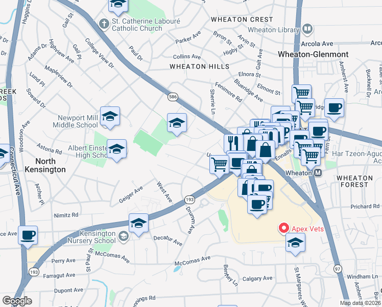 map of restaurants, bars, coffee shops, grocery stores, and more near 3008 Upton Drive in Kensington