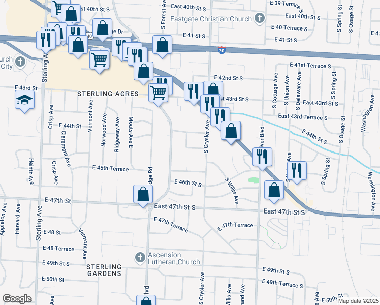 map of restaurants, bars, coffee shops, grocery stores, and more near 4425 Larson Avenue in Kansas City