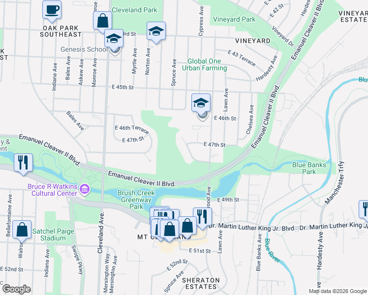 map of restaurants, bars, coffee shops, grocery stores, and more near 4408 East 47th Street in Kansas City