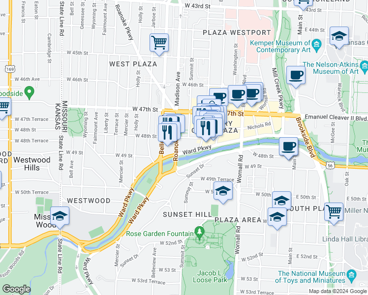 map of restaurants, bars, coffee shops, grocery stores, and more near 803 West 48th Street in Kansas City