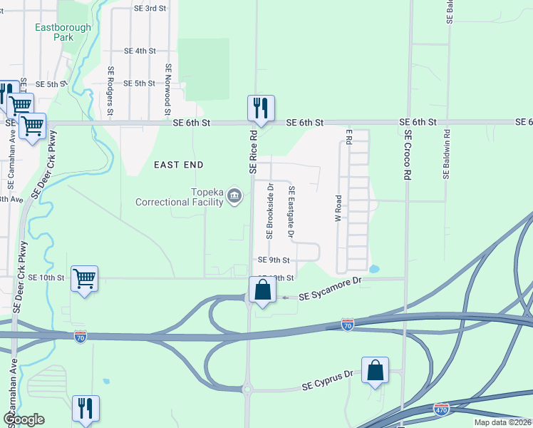map of restaurants, bars, coffee shops, grocery stores, and more near 825 Southeast Brookside Drive in Topeka