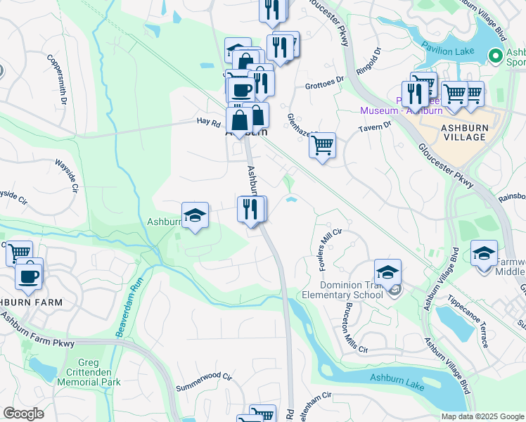 map of restaurants, bars, coffee shops, grocery stores, and more near 20914 Ashburn Road in Ashburn