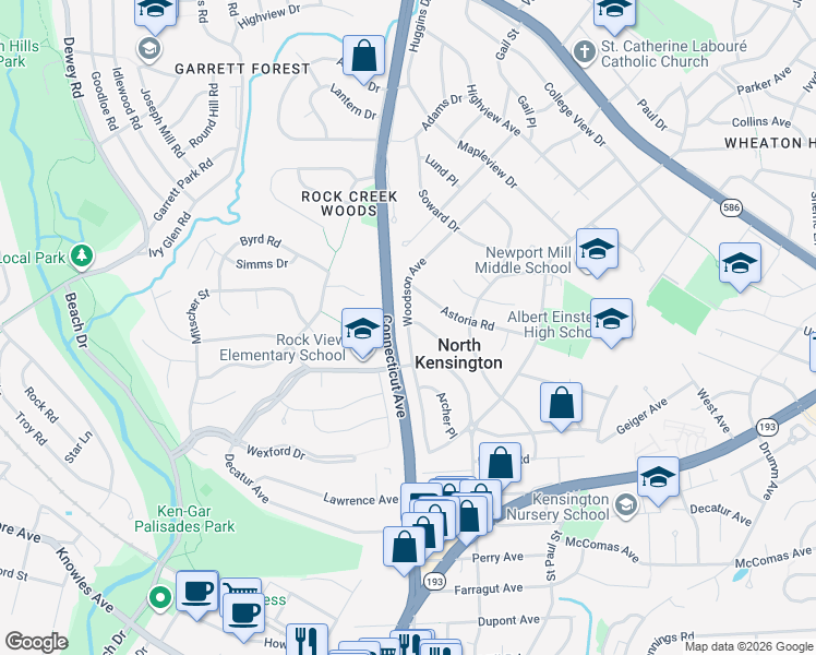 map of restaurants, bars, coffee shops, grocery stores, and more near Woodson Avenue in North Kensington