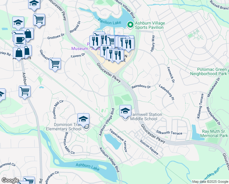 map of restaurants, bars, coffee shops, grocery stores, and more near 44121 Allderwood Terrace in Ashburn