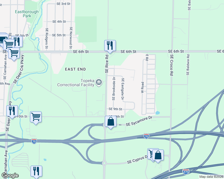 map of restaurants, bars, coffee shops, grocery stores, and more near 825 Southeast Brookside Drive in Topeka