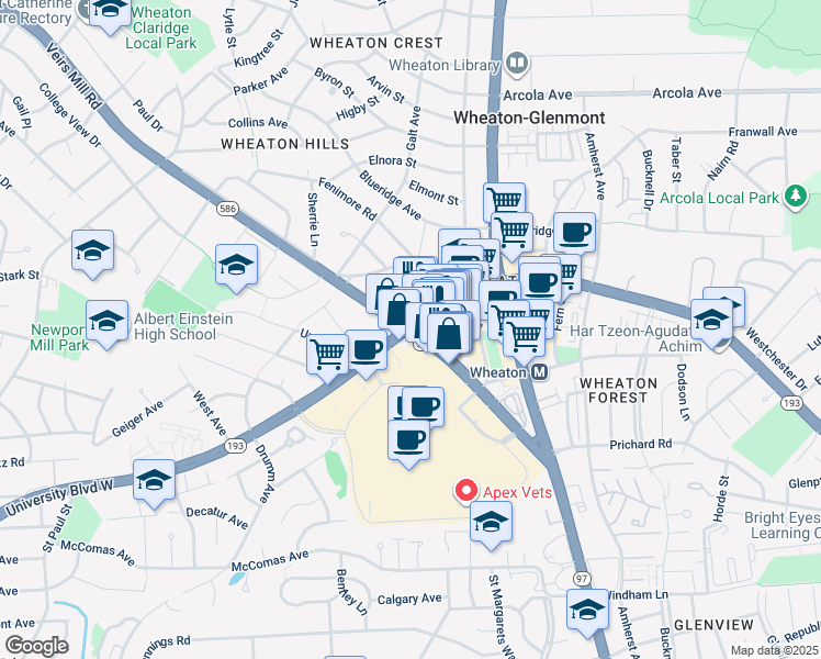 map of restaurants, bars, coffee shops, grocery stores, and more near in Wheaton-Glenmont