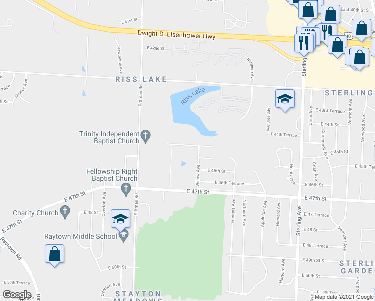 map of restaurants, bars, coffee shops, grocery stores, and more near 10401 East 45th Terrace in Kansas City