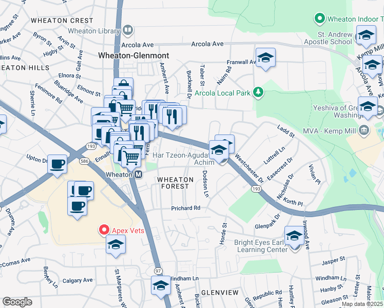 map of restaurants, bars, coffee shops, grocery stores, and more near 11357 King George Drive in Wheaton-Glenmont