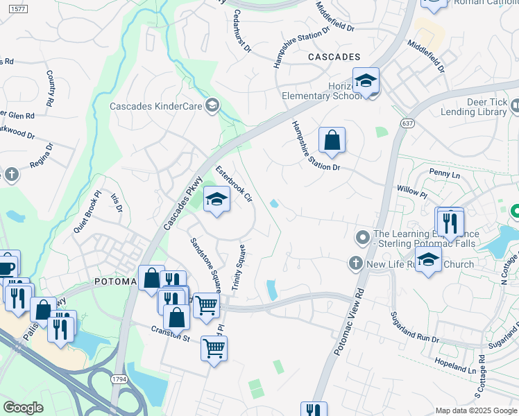 map of restaurants, bars, coffee shops, grocery stores, and more near 46420 Esterbrook Circle in Sterling