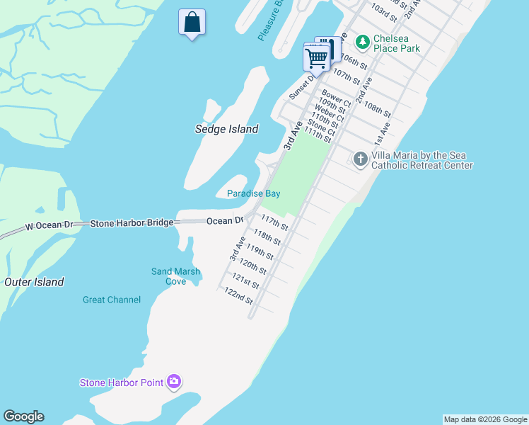 map of restaurants, bars, coffee shops, grocery stores, and more near 250 117th Street in Stone Harbor