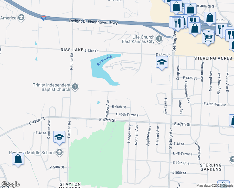 map of restaurants, bars, coffee shops, grocery stores, and more near 10537 East 45th Terrace in Kansas City